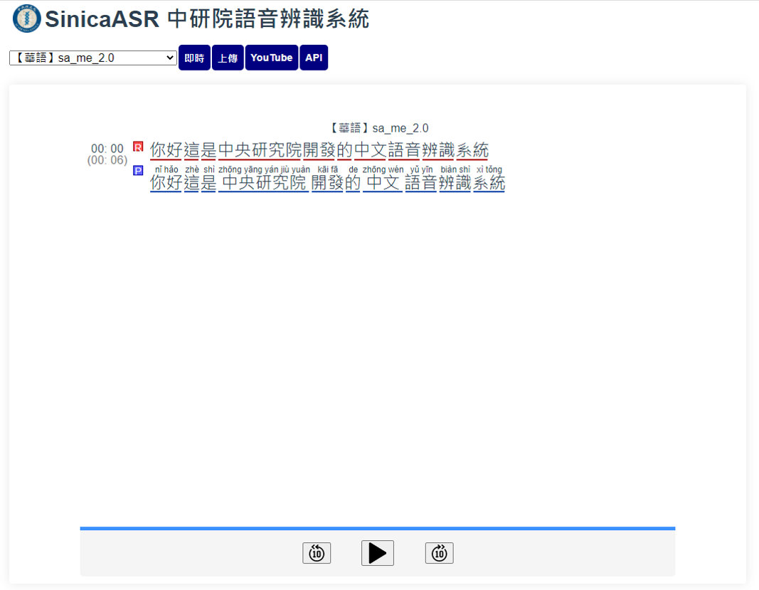 圖1.中文語音辨識系統展示介面。目前提供四項功能：即時辨識、音檔上傳辨識、YouTube影片連結上傳辨識、呼叫API辨識。
